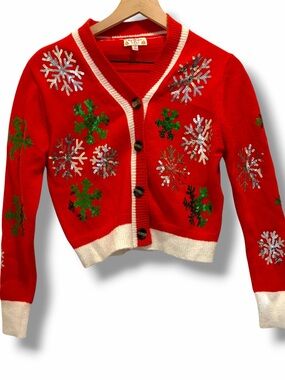Merry Christmas Poof Girls Sequin Snowflake Cardigan Sweater Red Holiday Sz Sm
